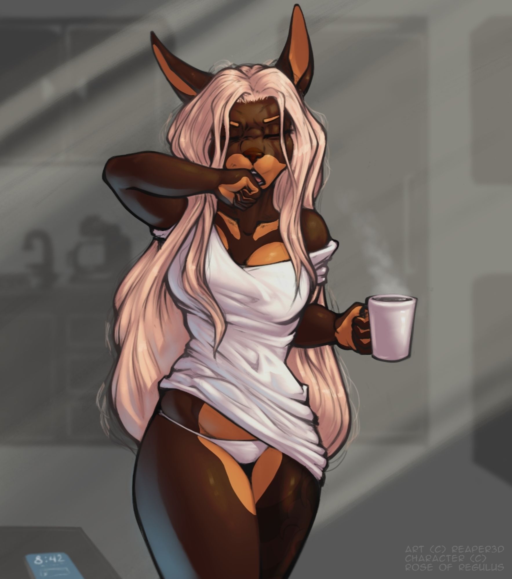 Rose Gold in just a loose-fitting shirt and a white thong yawning and starting her morning with a cup of coffee.