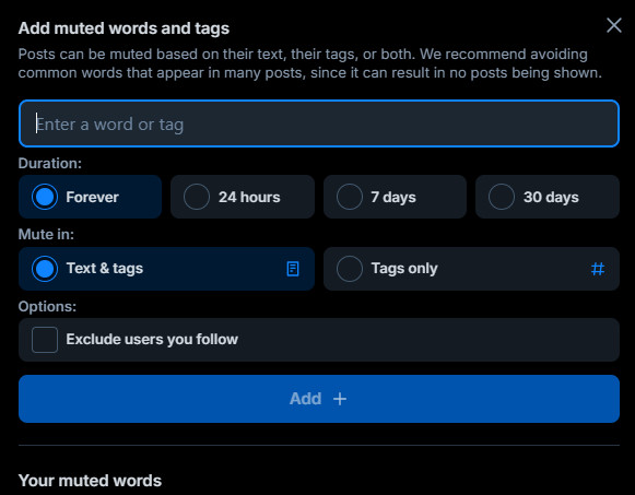 A screen cap of the "Muted words and tags" options in the moderation settings for BlueSky