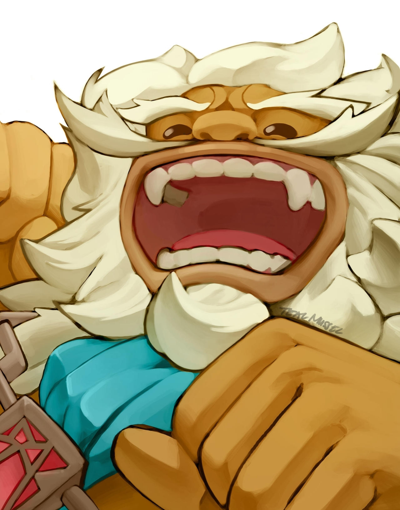 A drawing of goron from the Zelda gamr series with an open mouth. (They eat rocks)