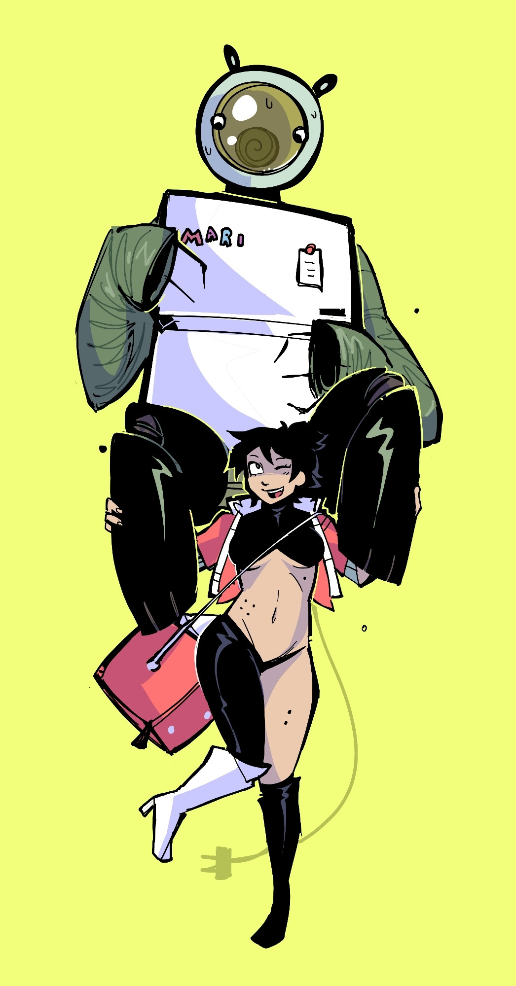 A drawing of a robot made out of a fridge being carried by a human looking girlie