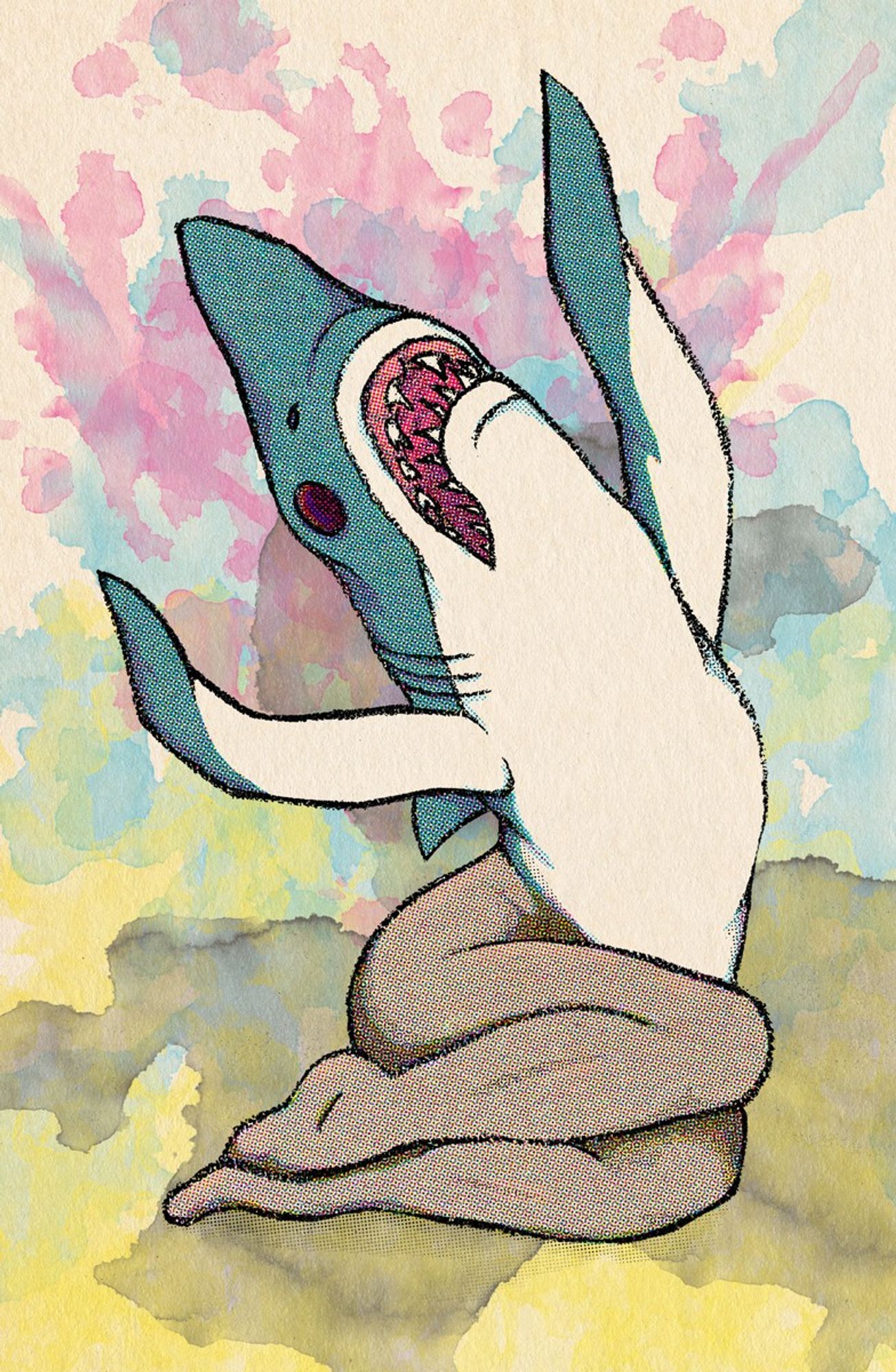 A reverse mermaid in a pin-up model pose. Bottom half are a pair of human legs; top half is a long fin mako shark. Color added using Halftone technique, with random ink splatter as a background.