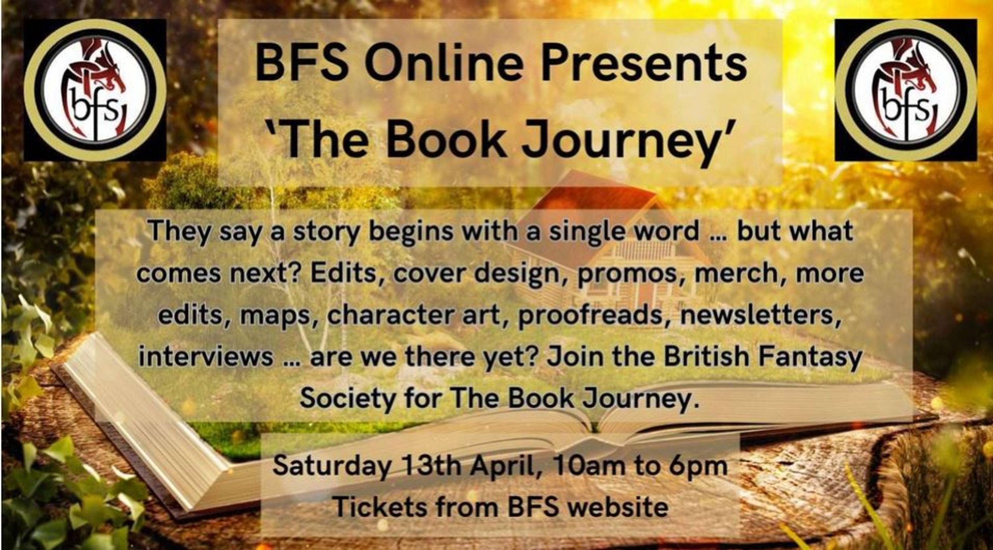 BFS Online event poster: The Book Journey Sat 13th April. Tickets form the BFS website