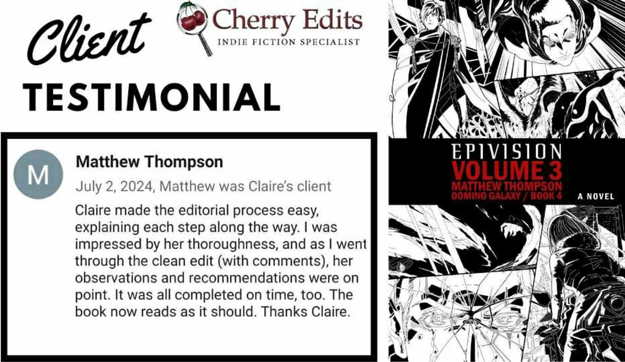 Claire made the editorial process easy, explaining each step along the way. I was impressed by her thoroughness, and as I went through the clean edit (with comments), her observations and recommendations were on point. It was all completed on time, too. The book now reads as it should. Thanks Claire.