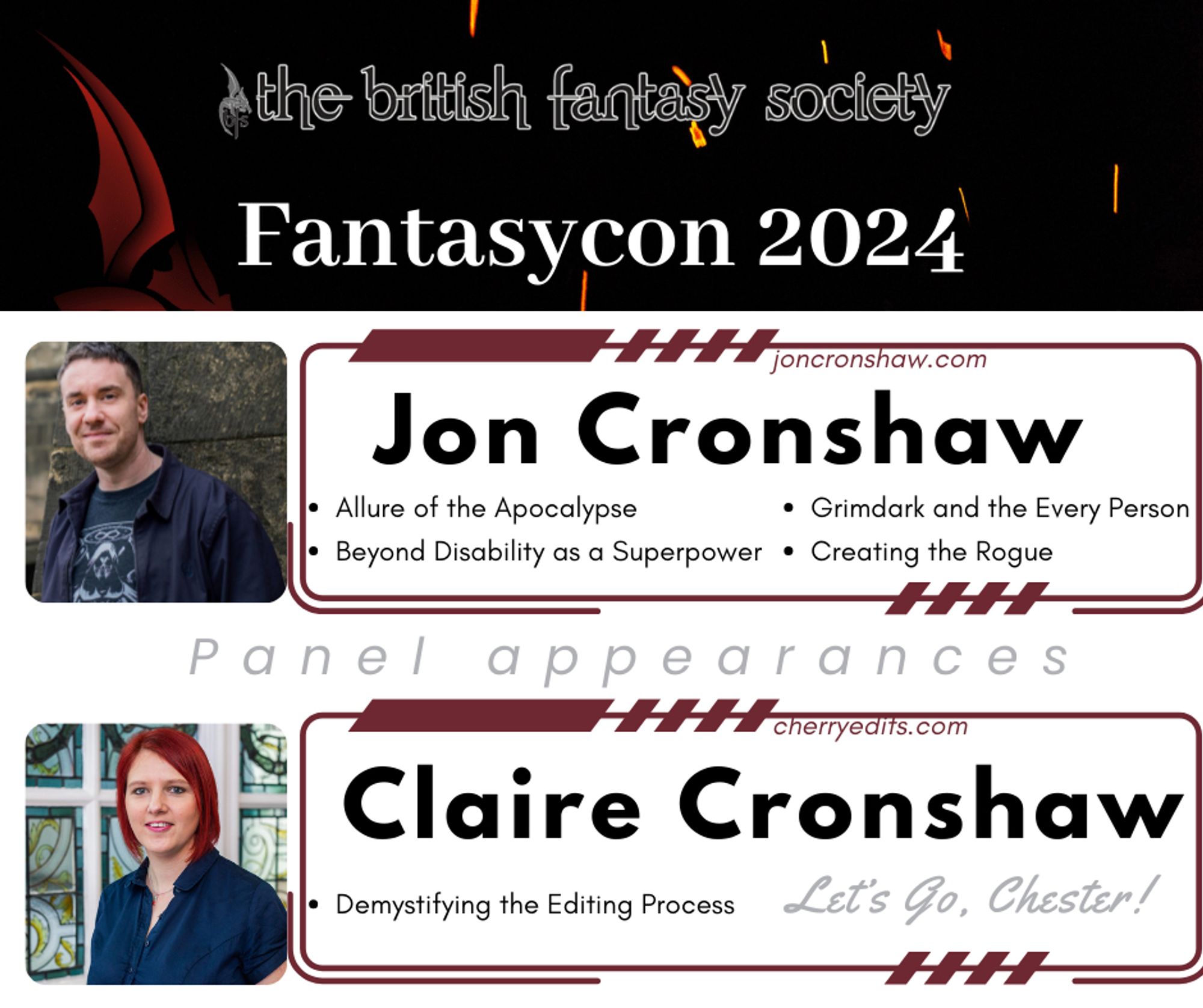 Jon and Claire Cronshaw panel appearances at Fantasycon 2024