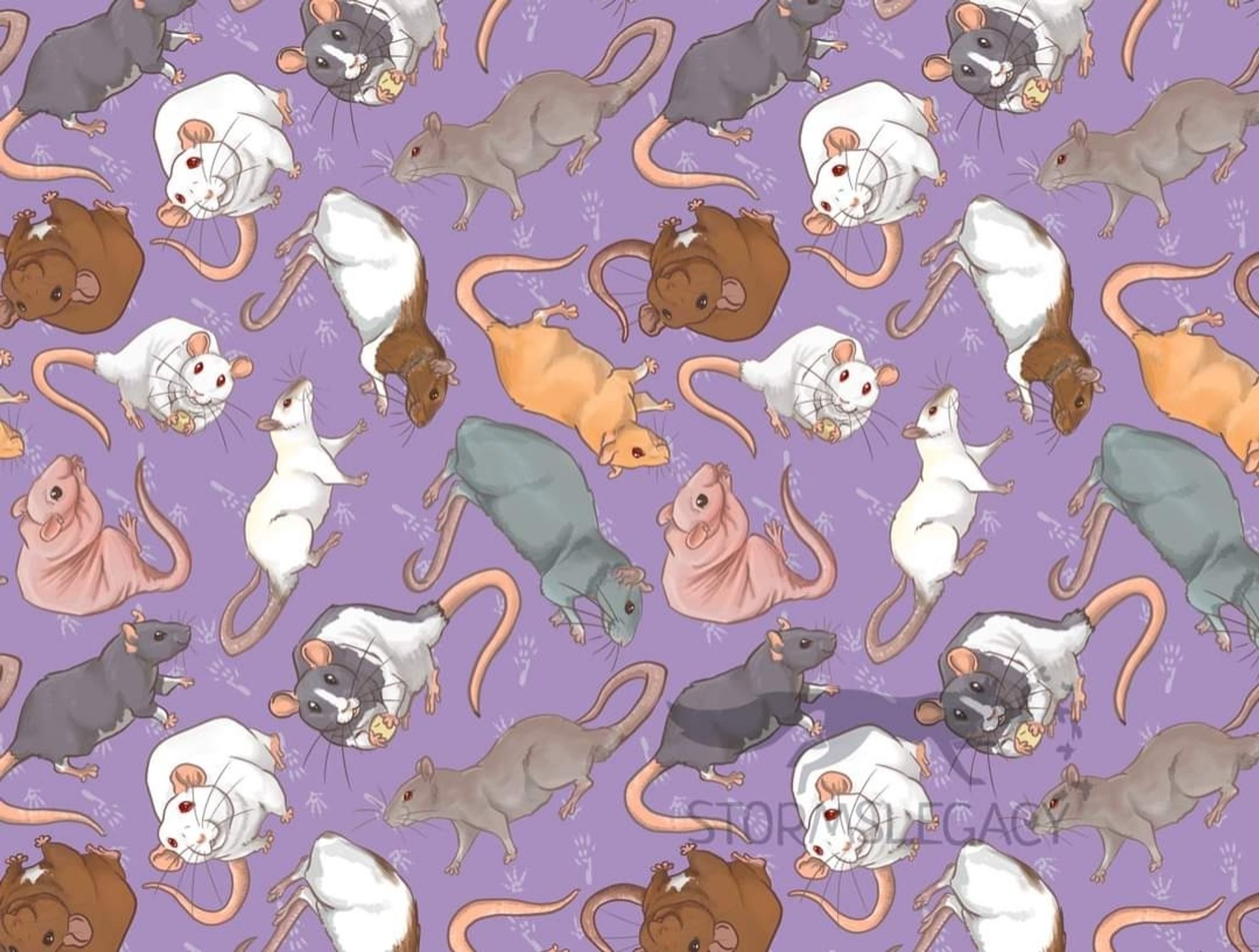 Pattern made of multiple colors of rats with paw prints on purple