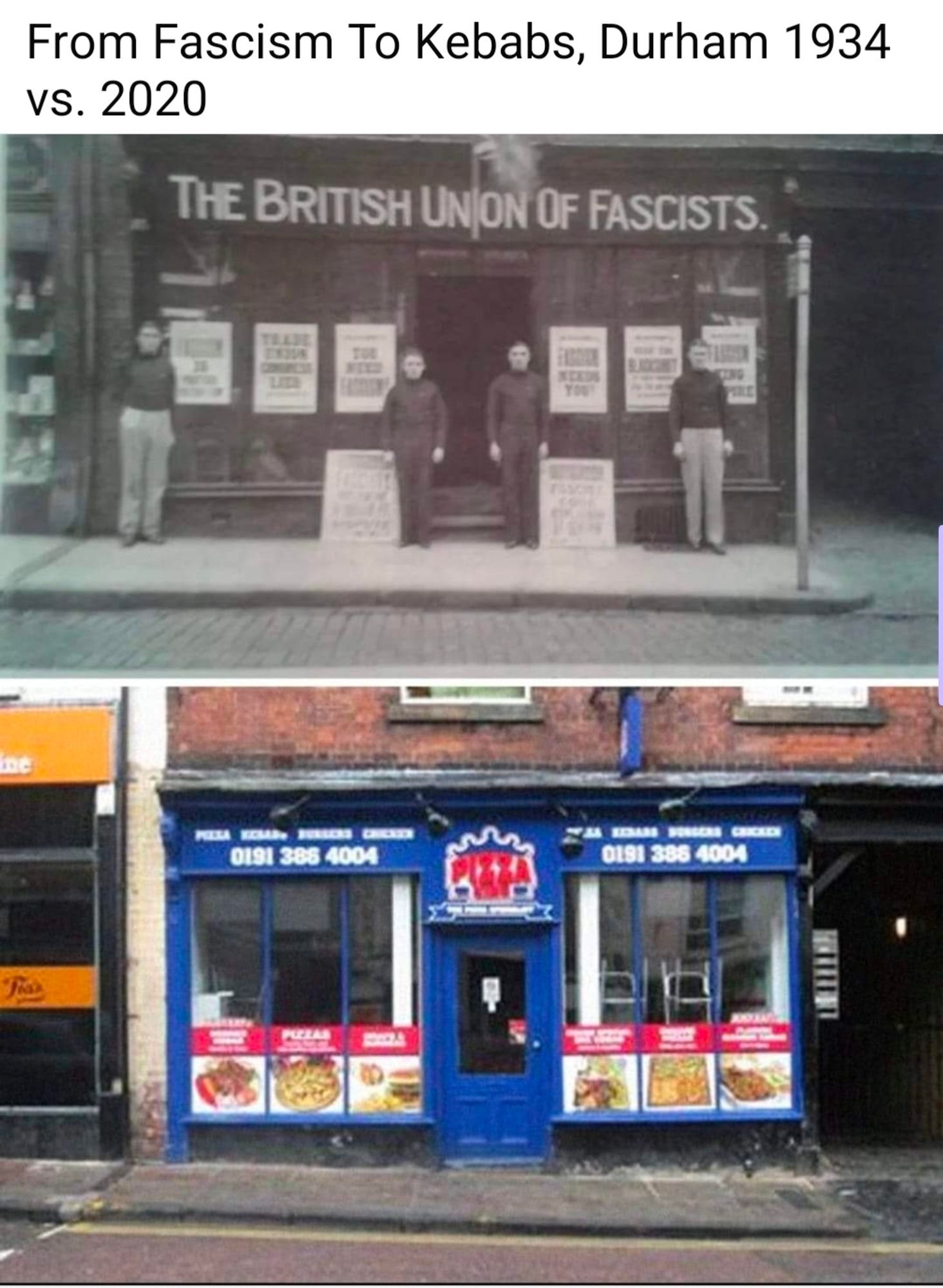 The "British Union of Fascists" storefront in 1934 Durham is no a kebab shop.