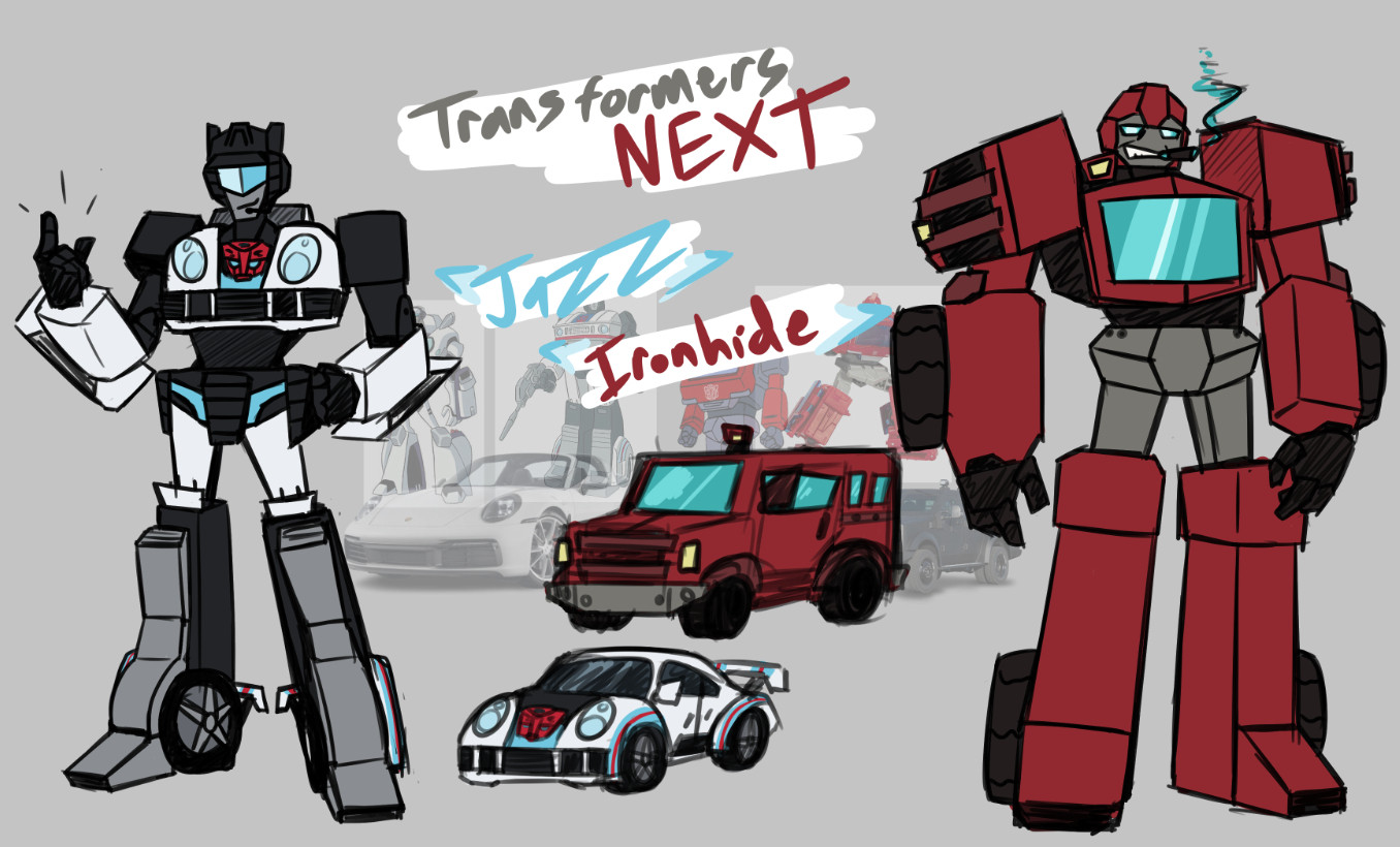 Original TF designs for Jazz (Deformed Porsche 911) and Ironhide (Bearcat SUV)