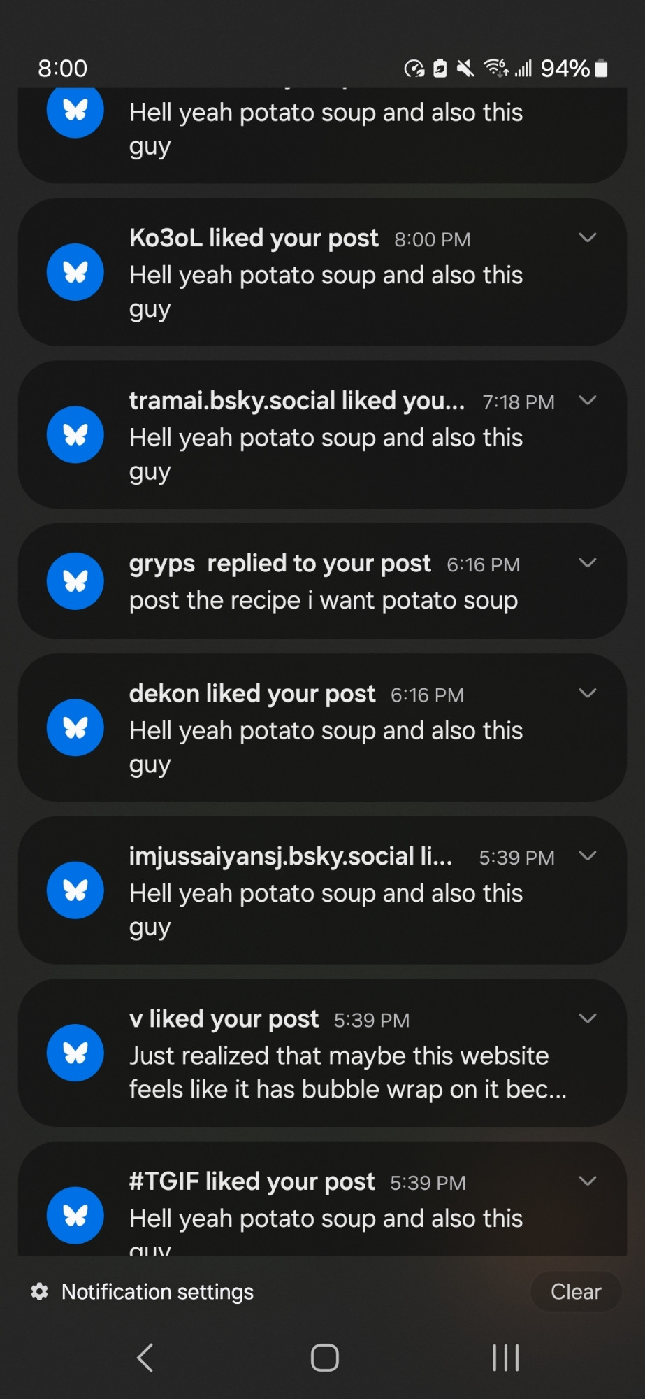 All Bsky notifications about my potato soup post