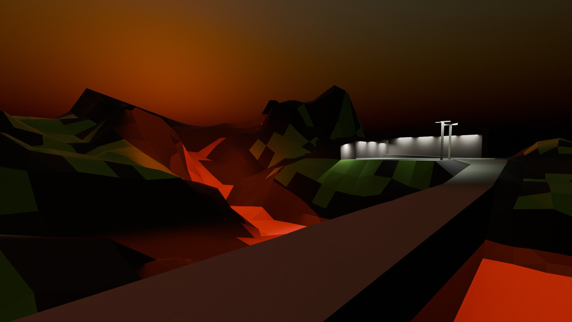 A low poly 3D render of a bridge over lava to a research facility built on the side of a volcano. The air is thick and hazy with ozone and particulates. This is a scene from a setting I'm in the process of working on.