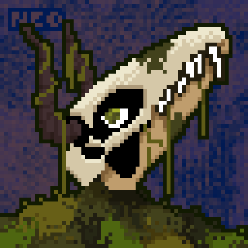 A 32 x 32 pixel bust portrait of a mossy entity with a skull for a head and protruding horns.