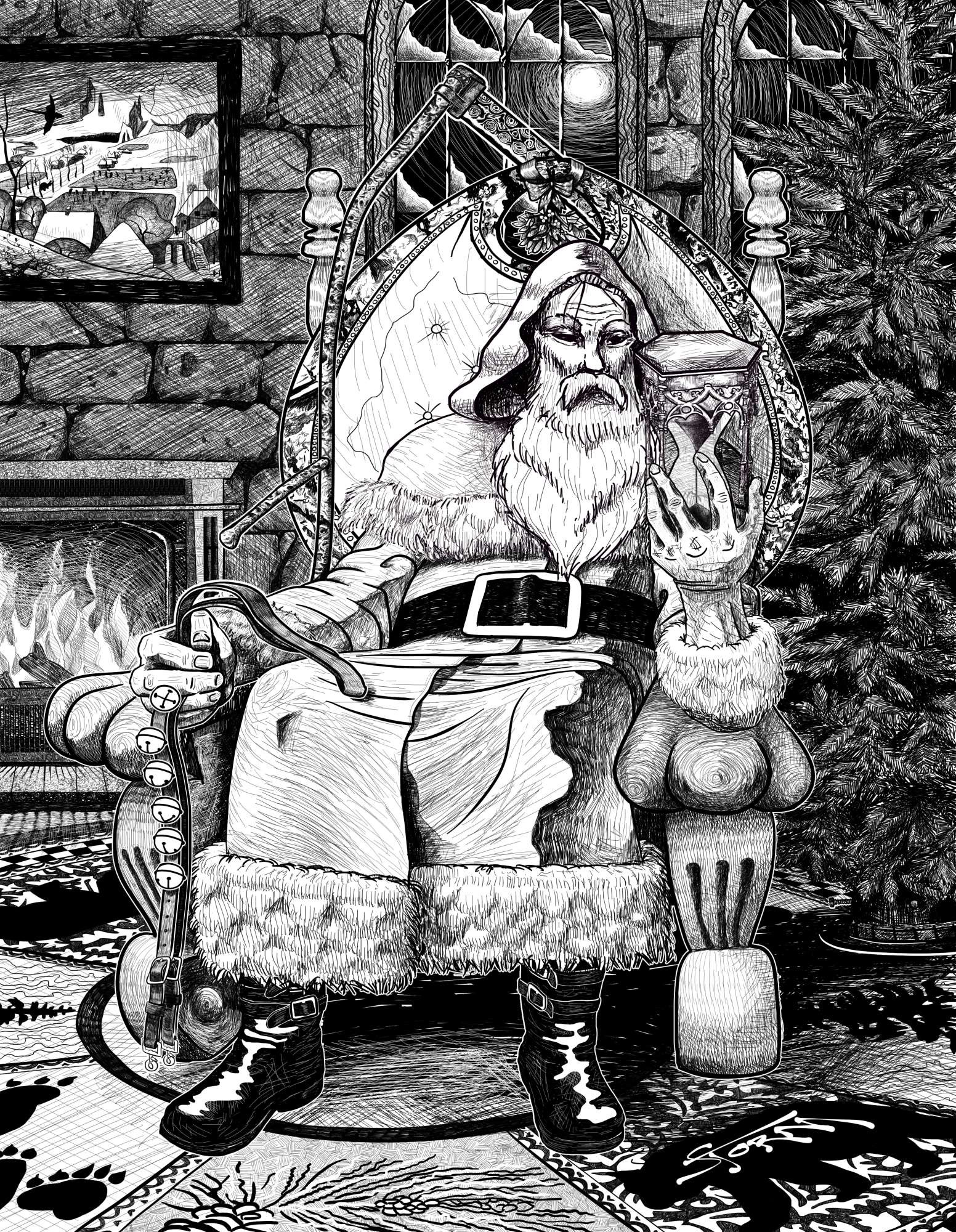 A black and white digital ink illustration of Saturn as Santa Claus. He sits in an elaborately carved wooden chair next to an unadorned pine tree inside by a hearth. Inside the back of the chair hangs mistletoe; leaning against the chair is an elaborate scythe; in his right hand he holds a reindeer harness with six bells and in his left he gazes at a hexagonally based hourglass. On the stone brick wall above the hearth hangs The Hunters in the Snow by Pieter Brueghel the Elder.