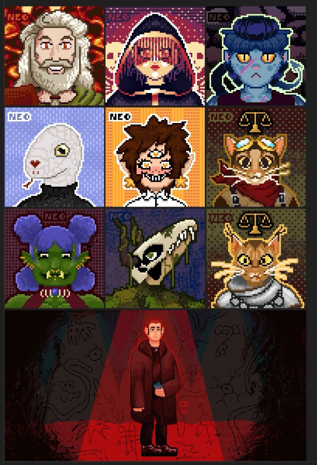 Pixel art portraits of miscellaneous creatures.