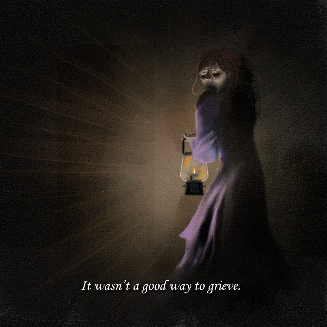 A woman turns in shock to something behind the viewer. She is holding a lantern. Text below reads "It wasn't a good way to grieve." A digital oil painting.