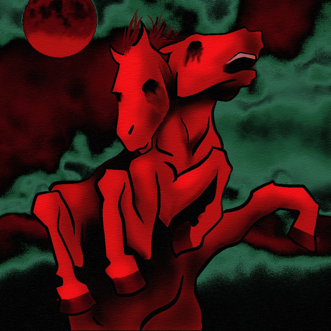 A red, black, and teal illustration of a mutated double-horse rearing under the blood moon.