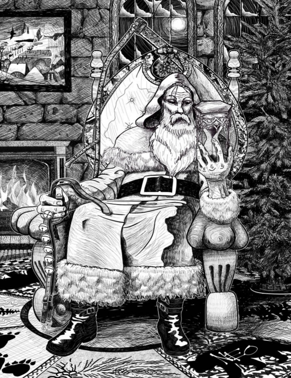 Black and white digital illustration of Saturn as Santa.