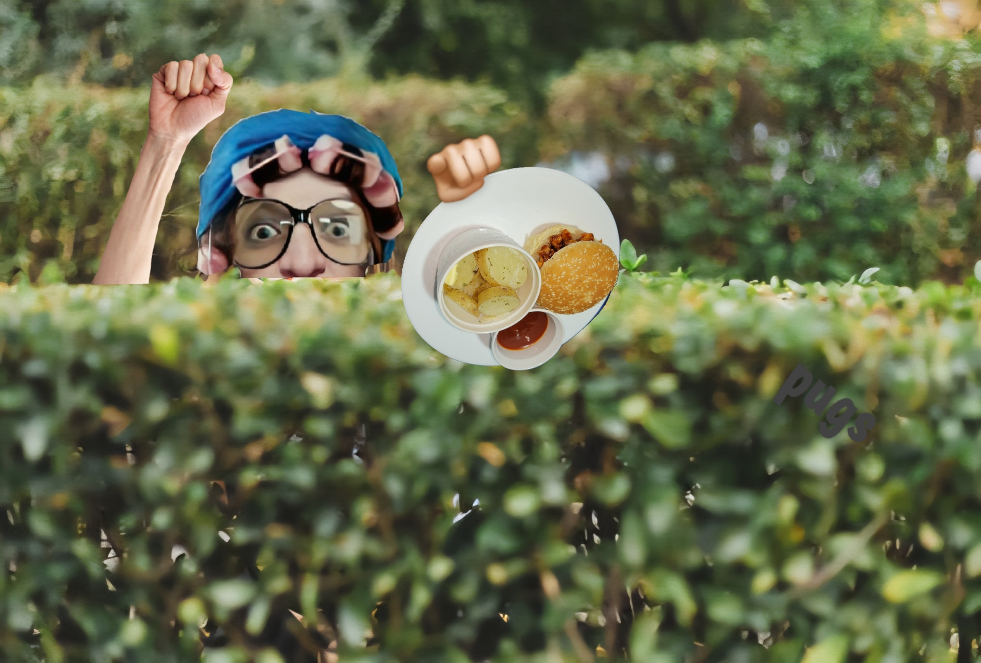Lady stealing plate of food.