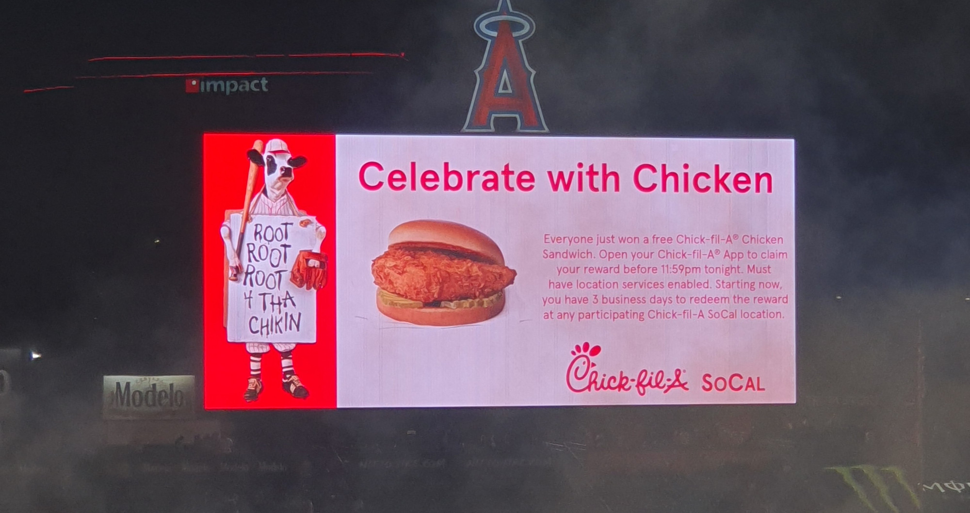 Celebrate with Chicken promo for the baseball game of the Angels by Chick-Fil-A in Los Angeles