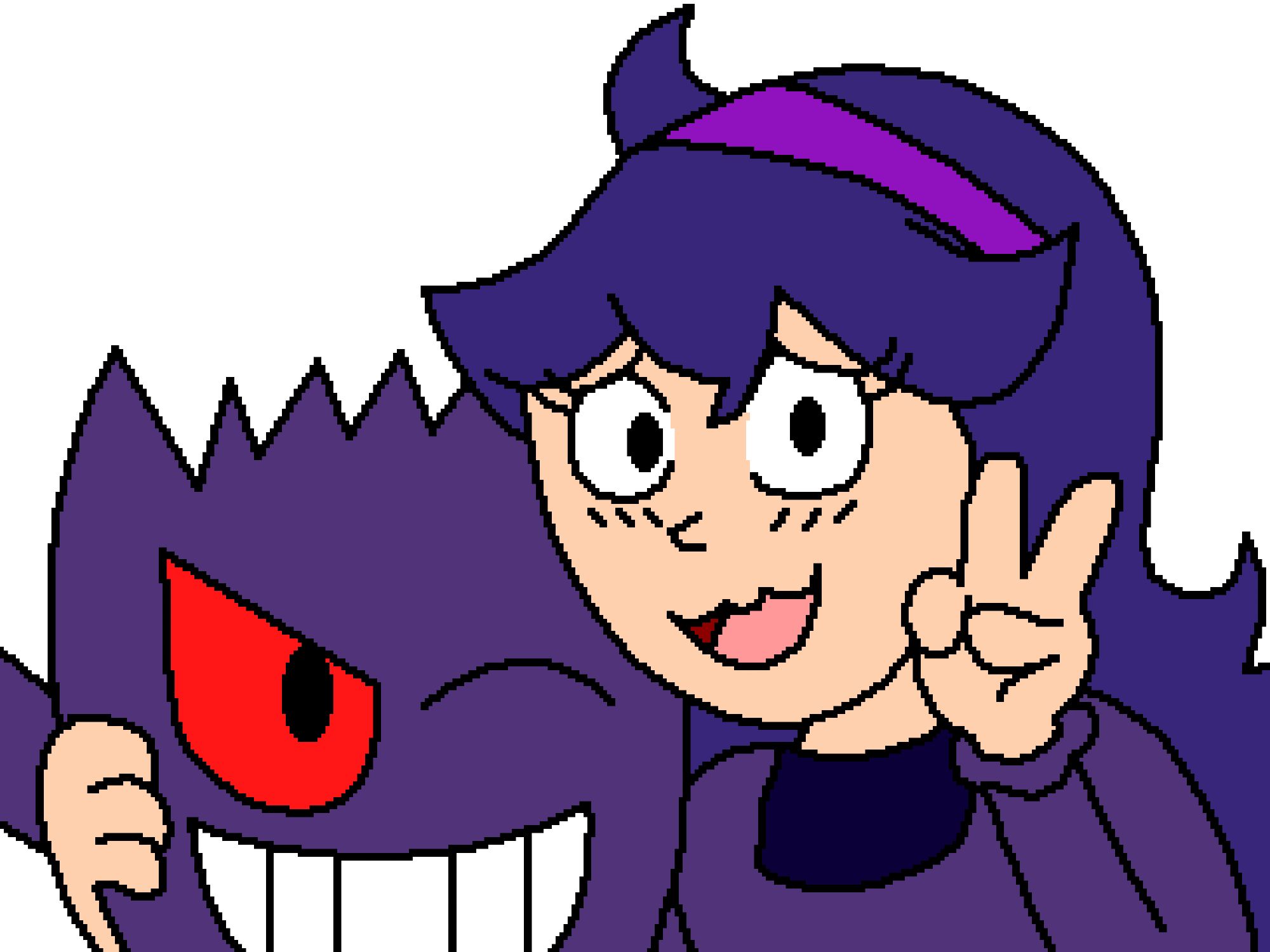 Hex maniac and Gengar from Pokemon taking a selfie.