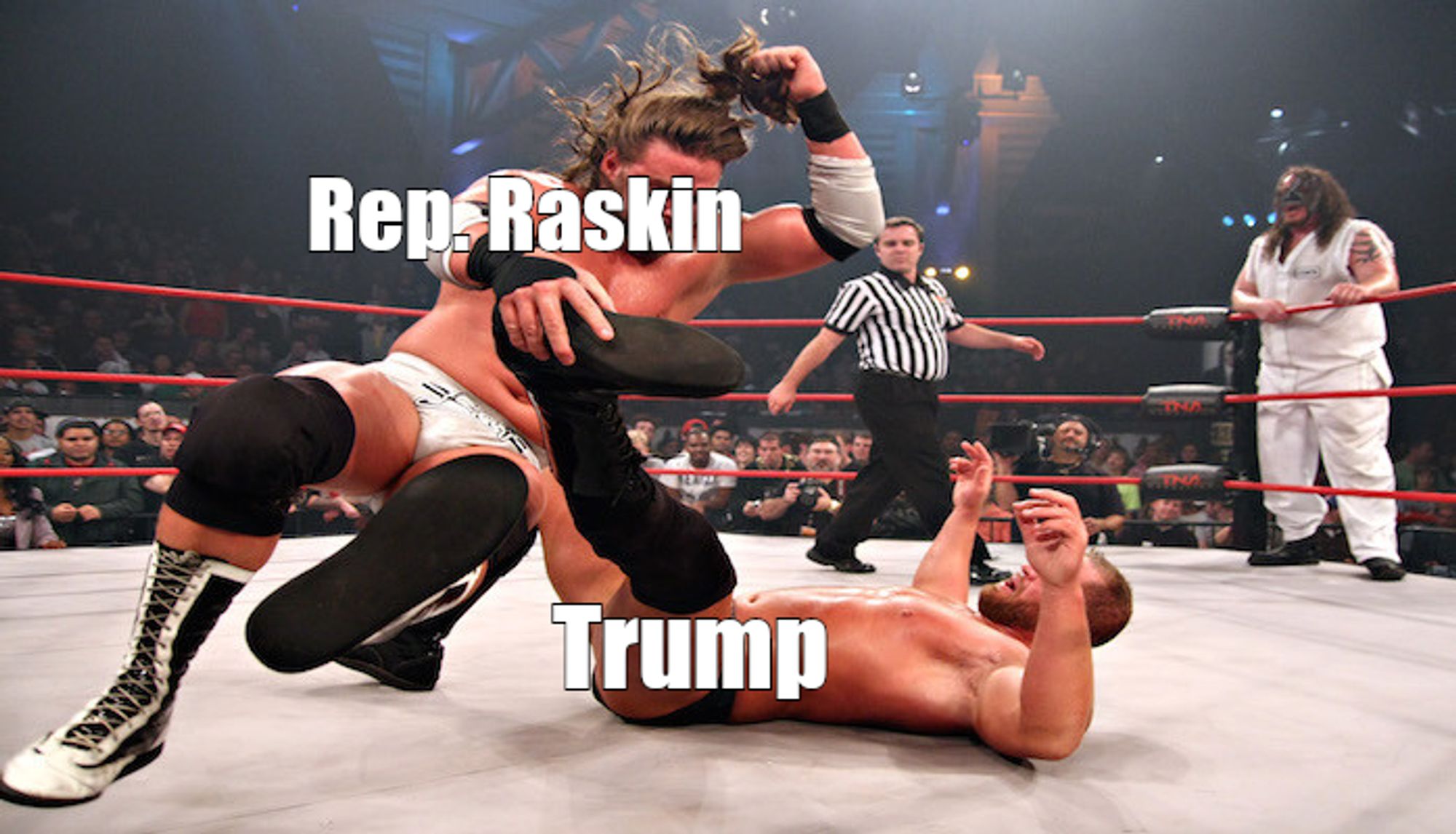 Wrestler elbow slamming another wrestler on the ground.
 The slammer is labeled with Rep. Raskin and the person or thing being slammed is labeled Trump.

 image source: https://media.licdn.com/dms/image/v2/C4E12AQGcr20PW6r-Sw/article-cover_image-shrink_423_752/article-cover_image-shrink_423_752/0/1520115254001?e=1733356800&v=beta&t=OVWwDx4QhdF1IaMjSOOMpLRGRCnSVGp7Il_mERmKBGc