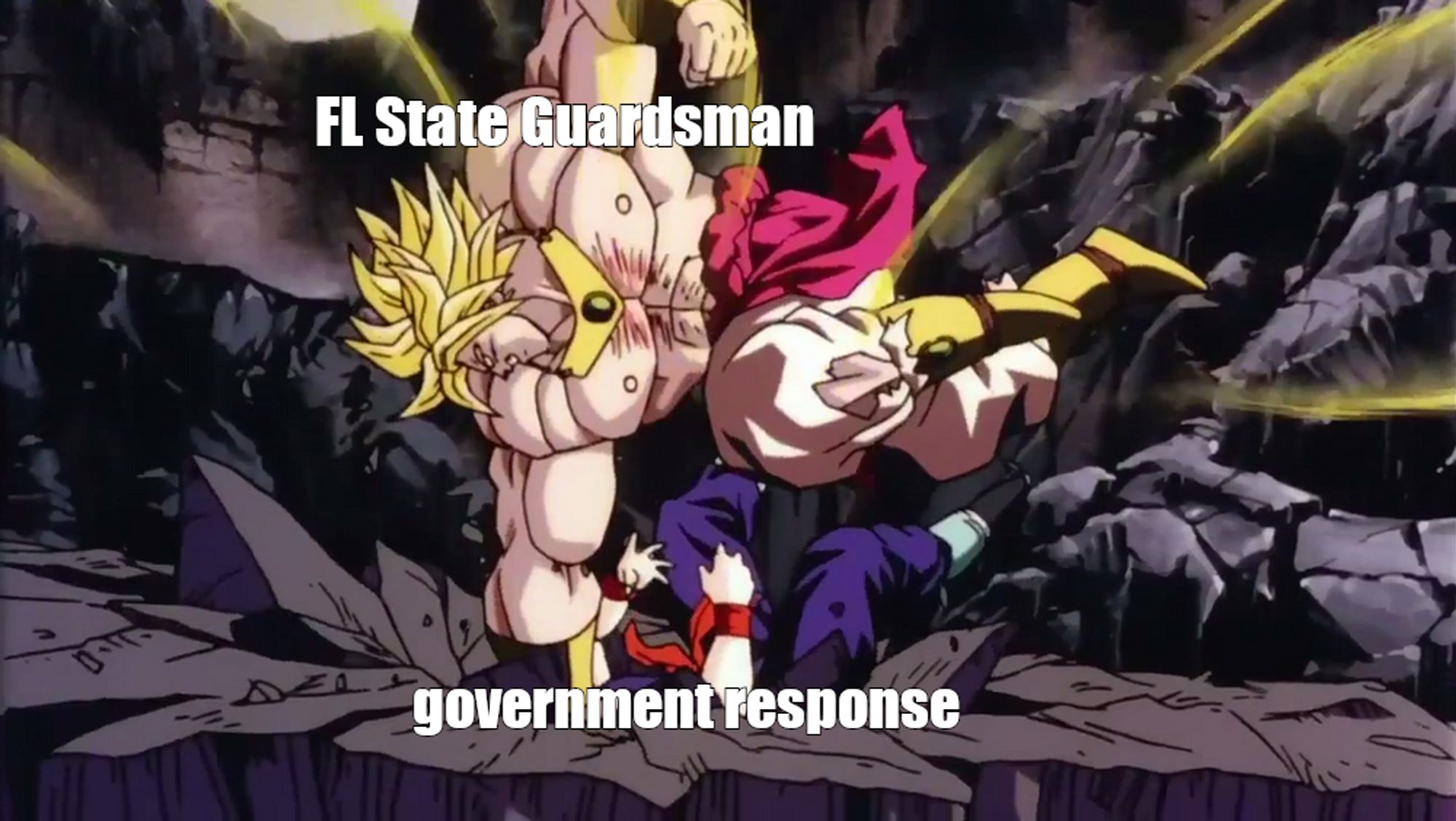 Broly from Dragonball smashing another character into the ground.
 The slammer is labeled with FL State Guardsman and the person or thing being slammed is labeled government response.

 image source: https://static.wikia.nocookie.net/dragonball/images/2/2b/Gigantic_Spike.png/revision/latest/scale-to-width-down/1000?cb=20180515222853