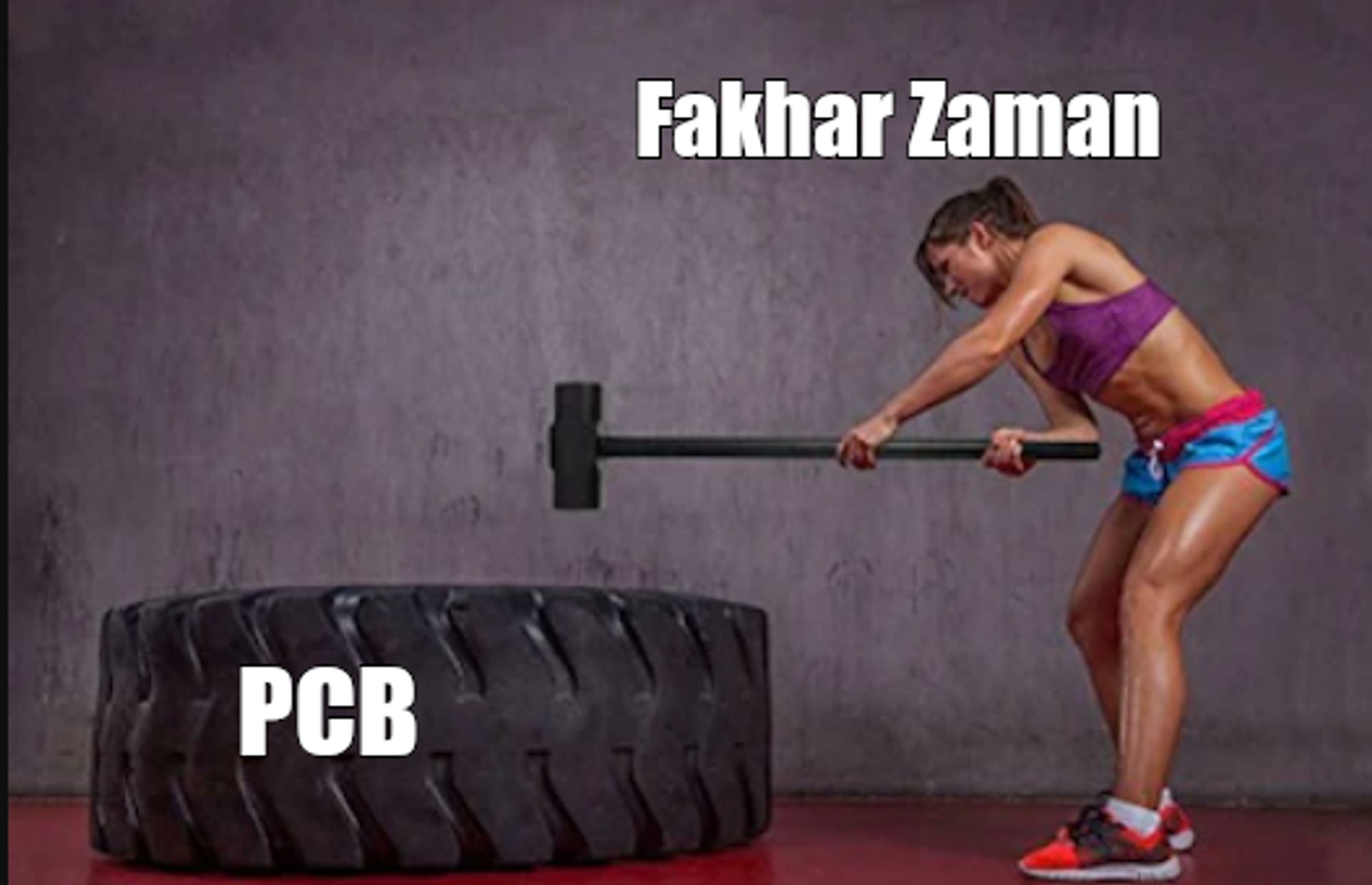 Person slamming sledgehammer on a large rubber tire.
 The slammer is labeled with Fakhar Zaman and the person or thing being slammed is labeled PCB.

 image source: https://www.kettlebellkings.com/cdn/shop/articles/sledgehammer_tire_workouts.png