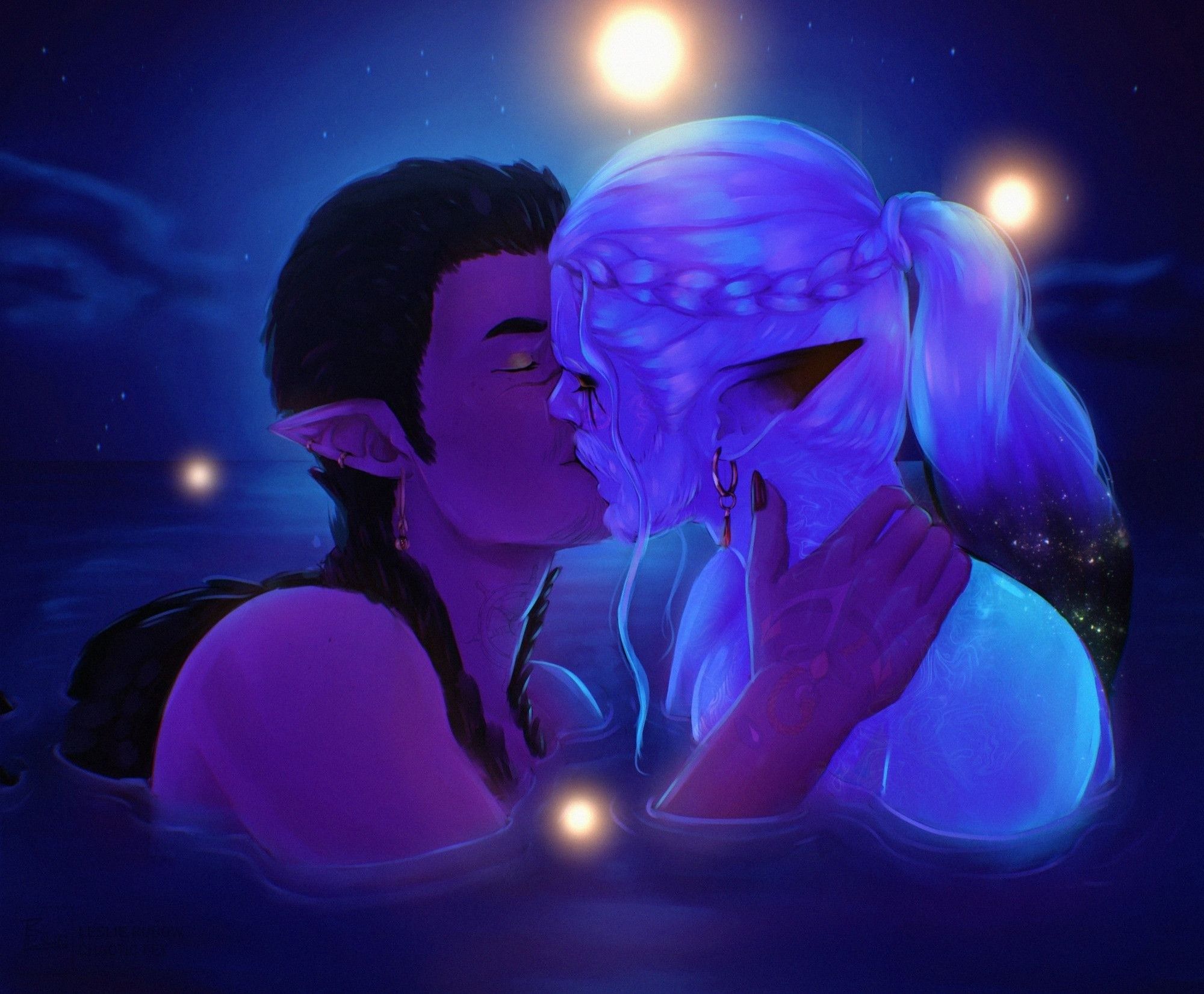 Two characters are kissing at night. They are swimming in the ocean, the sky has some clouds but stars are visible. 4 dancing lights in a warm yellow are floating around them. 
The character on the left has feathers as hair, wings, shorter pointy ears with golden accessories. His right hand, that gas an anchor tattooed, lays gently at the right persons neck. The person on the right has long white iridescent hair that is in a ponytail. It fades to a nightsky. Their skin is also iridescent grey. Their eyes are closed too. Their ears are long and pointy. They wear a single earring.