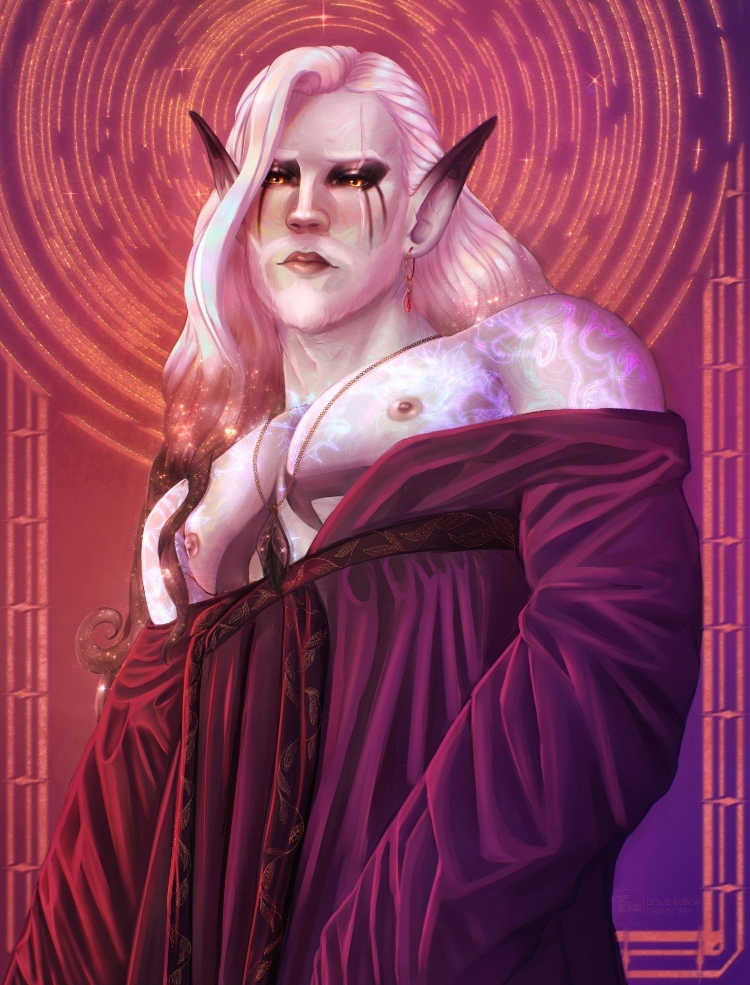 Halfbody of a character with iridecent greyish skin and iridecent white hair. A morning robe in red-pruple is slipping from their shoulders. 
The halo behind them is rosé gold.