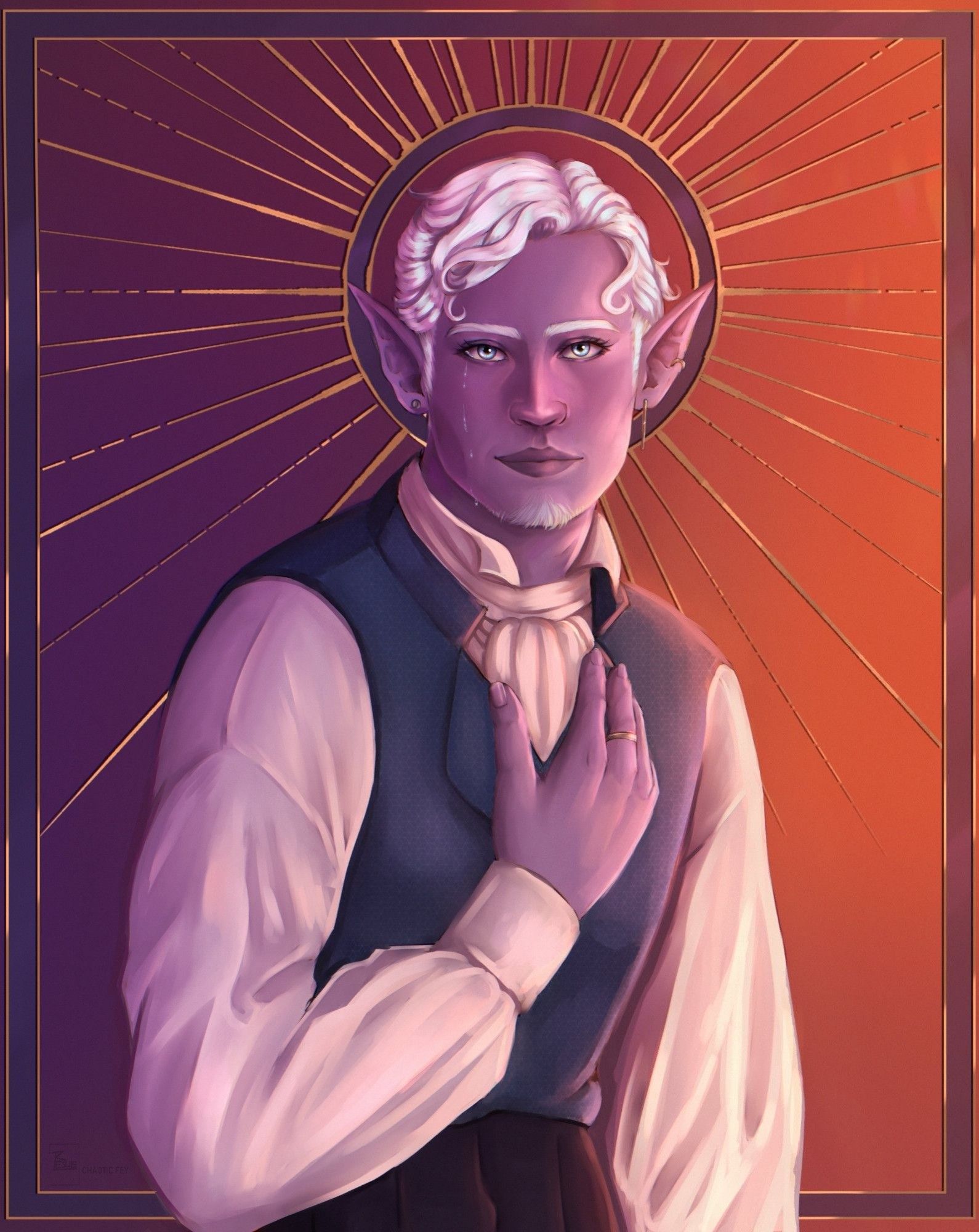 Digital halfbody painting of a drow man with purple skin and short white hair, wearing dark violet pants, a white shirt and a blue vest. He holds his right hand over his heart. A halo of golden metal with blue stained glass elements is behind his head.