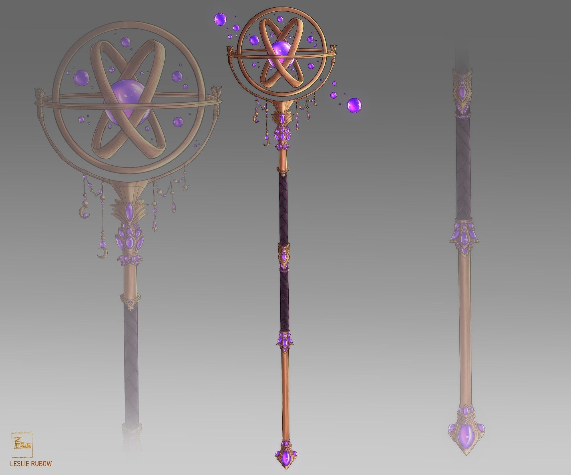 Am intricate golden and purple wizards staff with a lot of flowing, glowy purple orbs and axlot of purple gemstones.