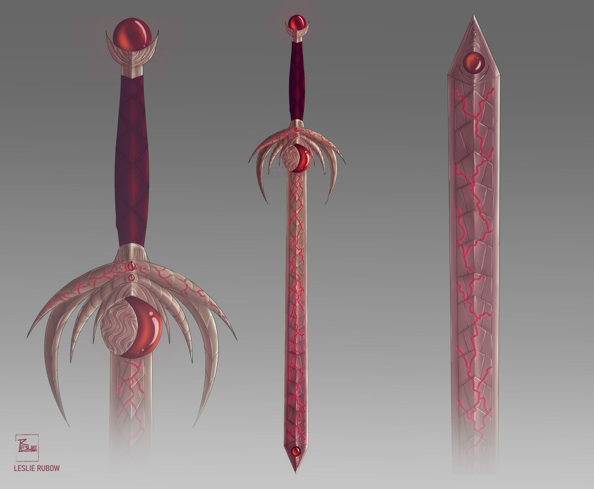 A sword, it's intricate and in a red and gold colour scheme. Ted lighting is weaving its way through the metal. Red gemstones are embedded into it at the tip and the hilt.