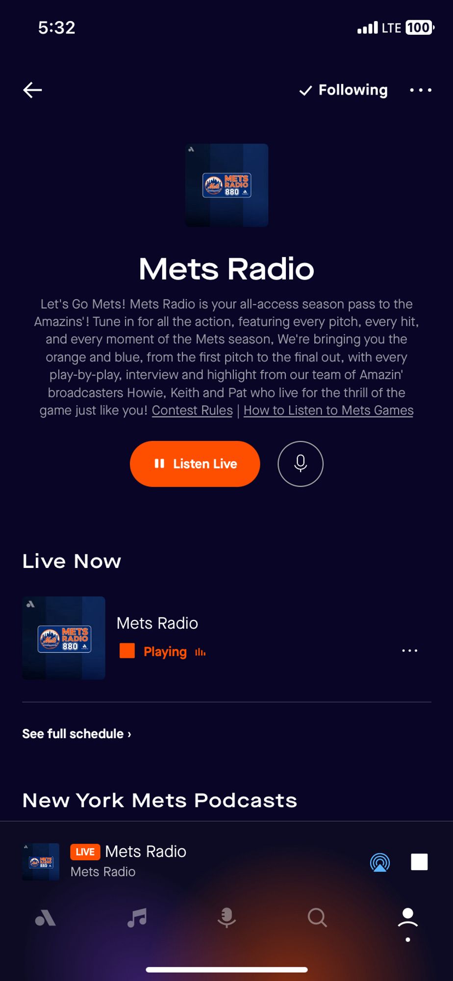 Screenshot of the Audacy app showing me listening to Mets Radio for the Phillies/Mets game