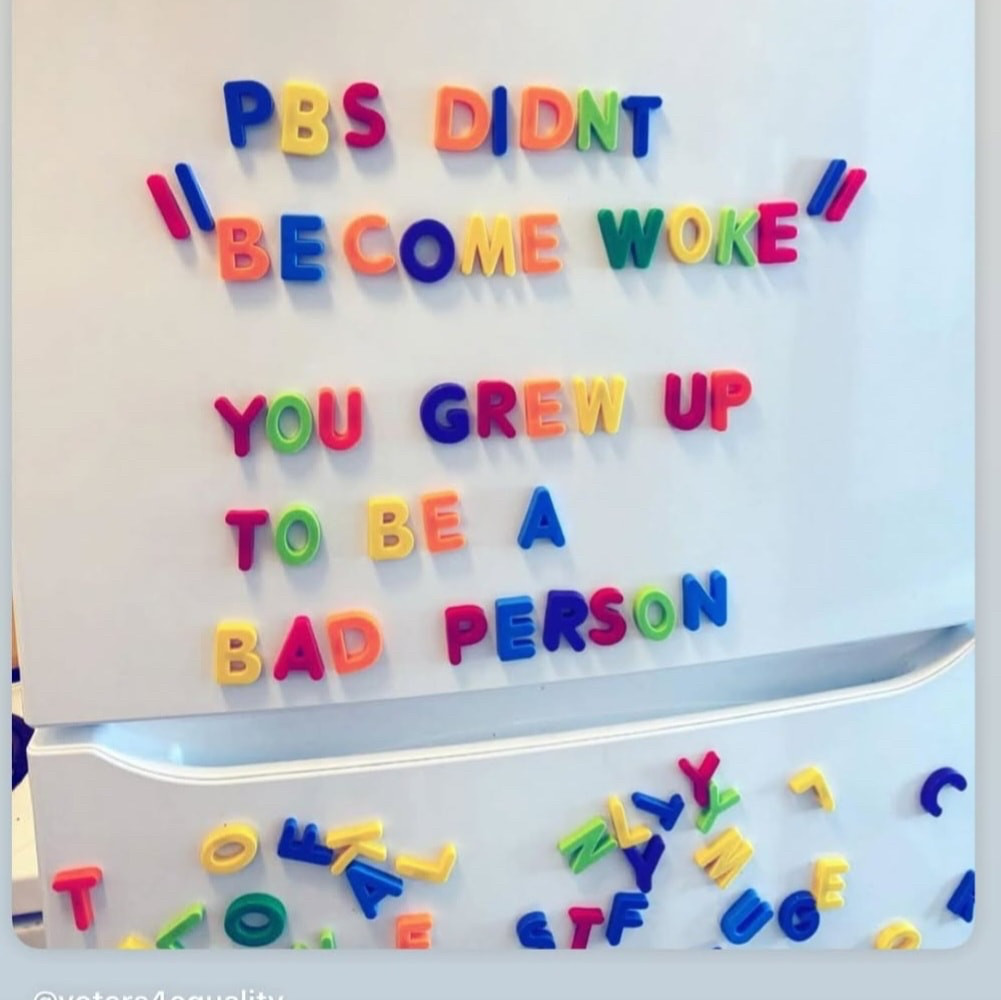 Magnet letters on a refrigerator spelling out PBS DIDNT "BECOME WOKE" YOU GREW UP TO BE A BAD PERSON