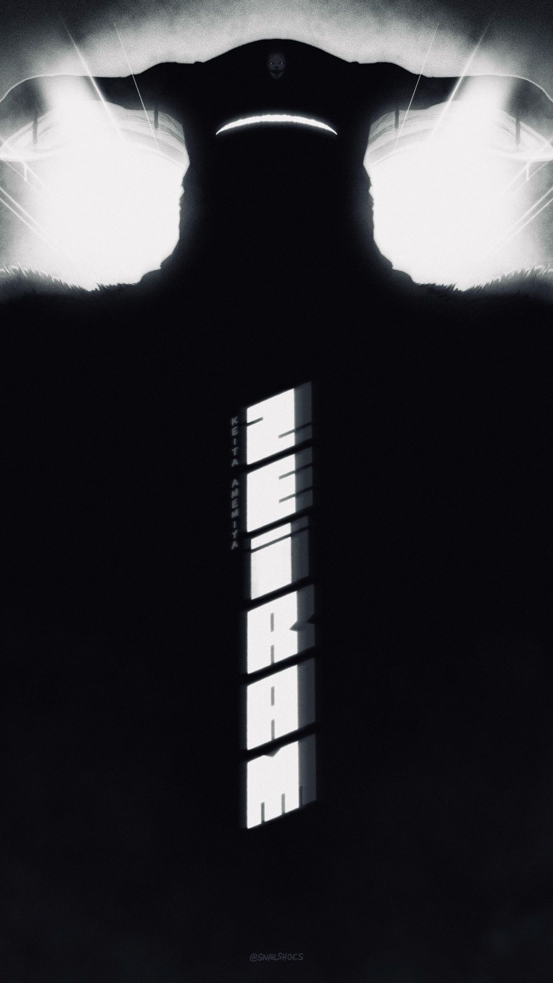 Poster for ZEIRAM (1991) dir. Keita Amemiya. A monster with wide shoulders and a flat, hat-shaped head stands as a silhouette against a harsh backlight. A long mono-eye glow through the dark, and a small secondary mini-face grins at the top of its skull.