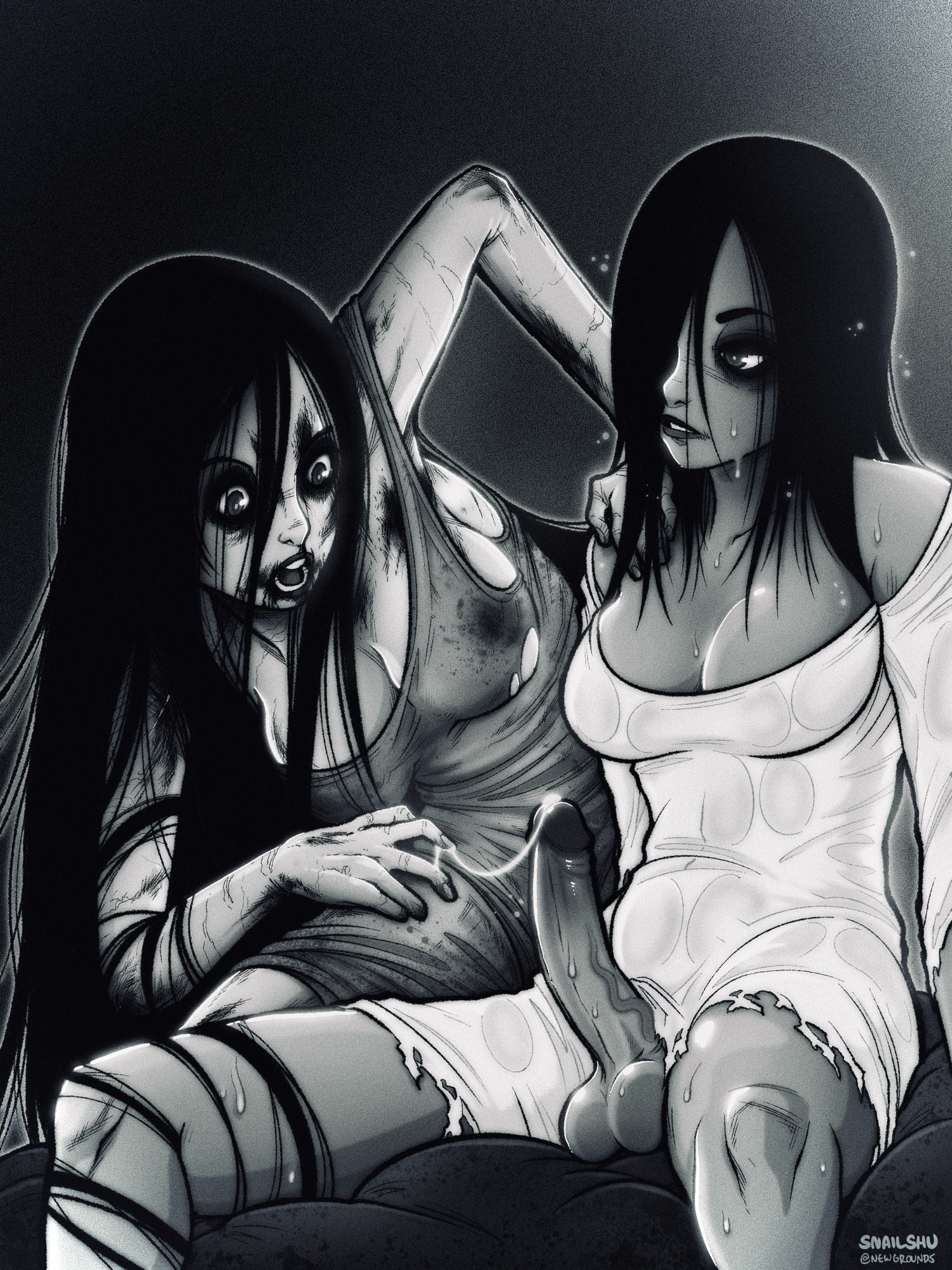 Kayako curiously inspecting Sadako’s hard dick. 