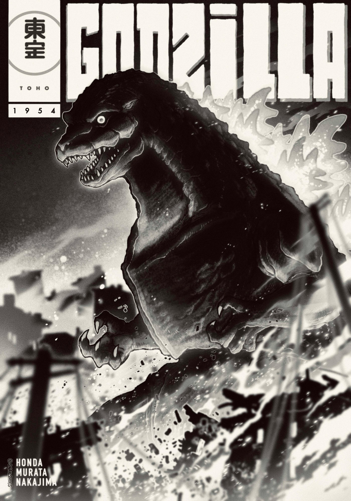 Comic-style poster for GODZILLA (1954) dir. Ishiro Honda. Godzilla stands menacingly against the night sky, underlit by the flaming ruins of a devastated Tokyo burning around him. Upper left corner: the TOHO logo with “1954” beneath it. Bottom left corner: the names HONDA, MURATA, and NAKAJIMA- director, writer, and suit actor respectively. 