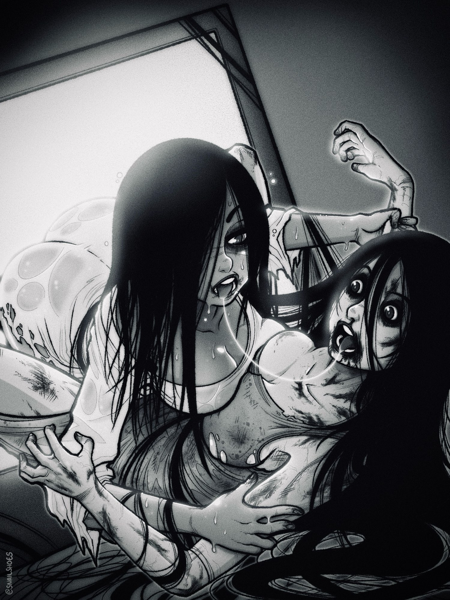 Kayako Saeki, on the floor and tangled in her own hair as a wet Sadako Yamamura emerges from a TV screen and grabs onto her arms. A string of spit connects their lips, having just shared a kiss. 