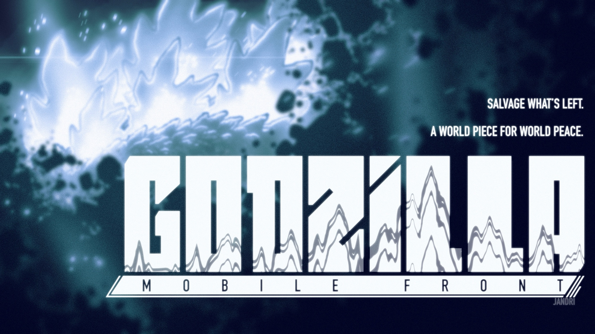 Title design for MOBILE FRONT, my original Godzilla pitch. Godzilla’s glowing spines cut through crumbling earth. The tagline reads “Salvage what’s left. A world piece for world peace.”