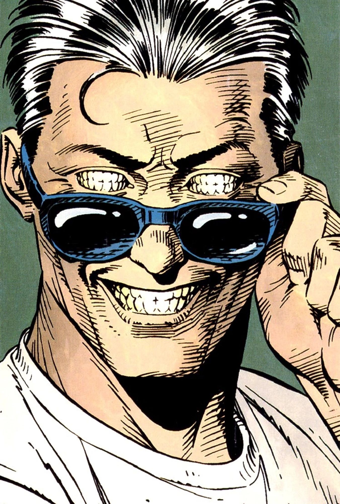 A closeup of The Corinthian from The Sandman comics. He is pulling down his sunglasses to reveal that his eyes are tiny mouths full of teeth. It is… unsettling.