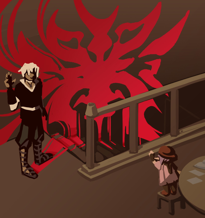 Digital illustration of an imagined scene from the game Final Fantasy XIV.  Tataru greets Thancred as he returns to the Waking Sands, but his shadow casts the glyph of Lahabrea in bright red on the wall behind him.  It spirals inward from the edges of the frame and drips down the walls and stairs.