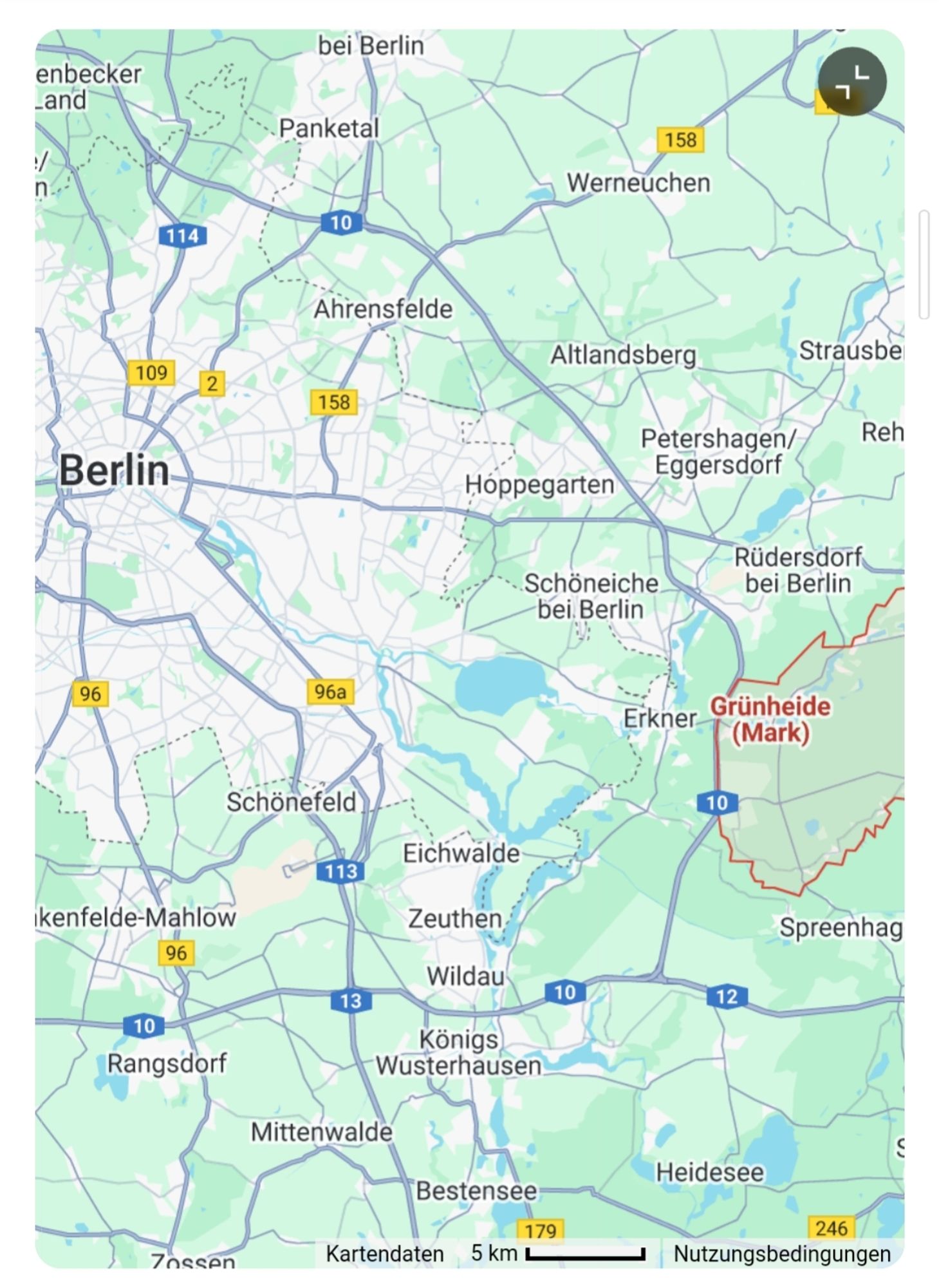 Kartenausschnitt von google Maps Berlin/Grünheide wg. Entfernung und so...