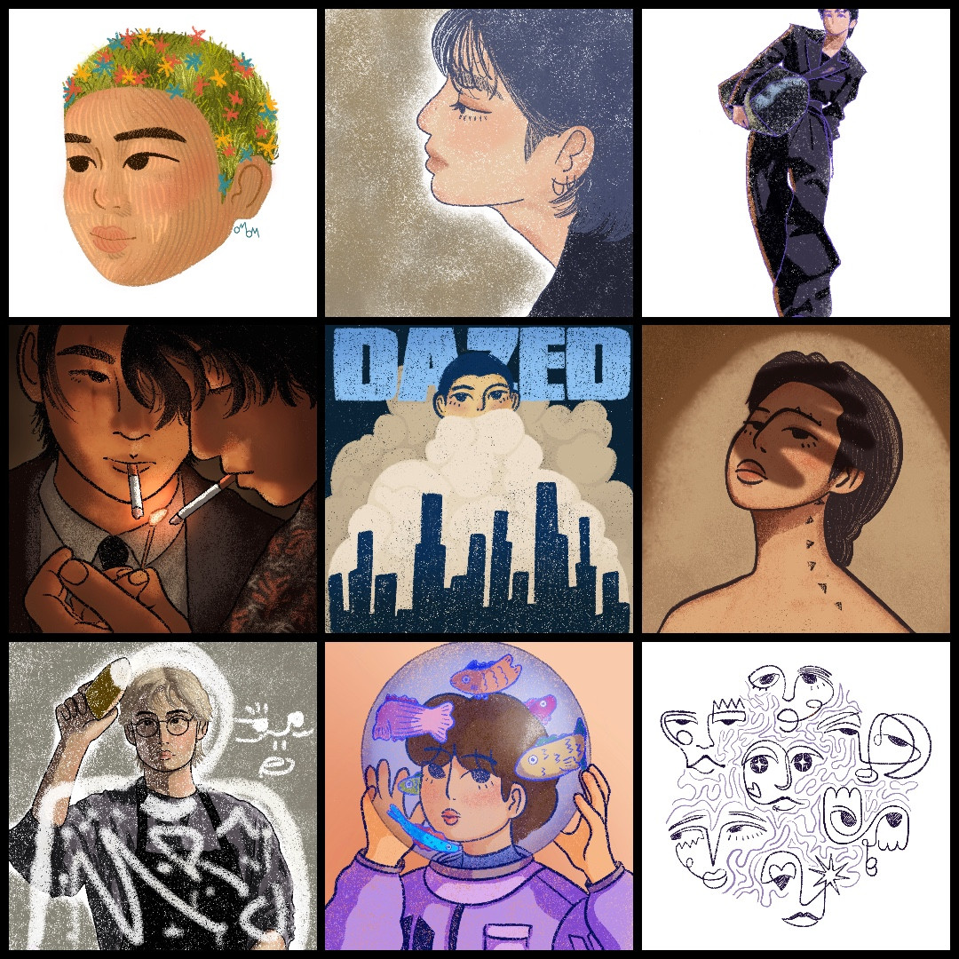 collage of 9 of my bts digital drawings, one for each member, one Ot7 and an extra of namjoon.