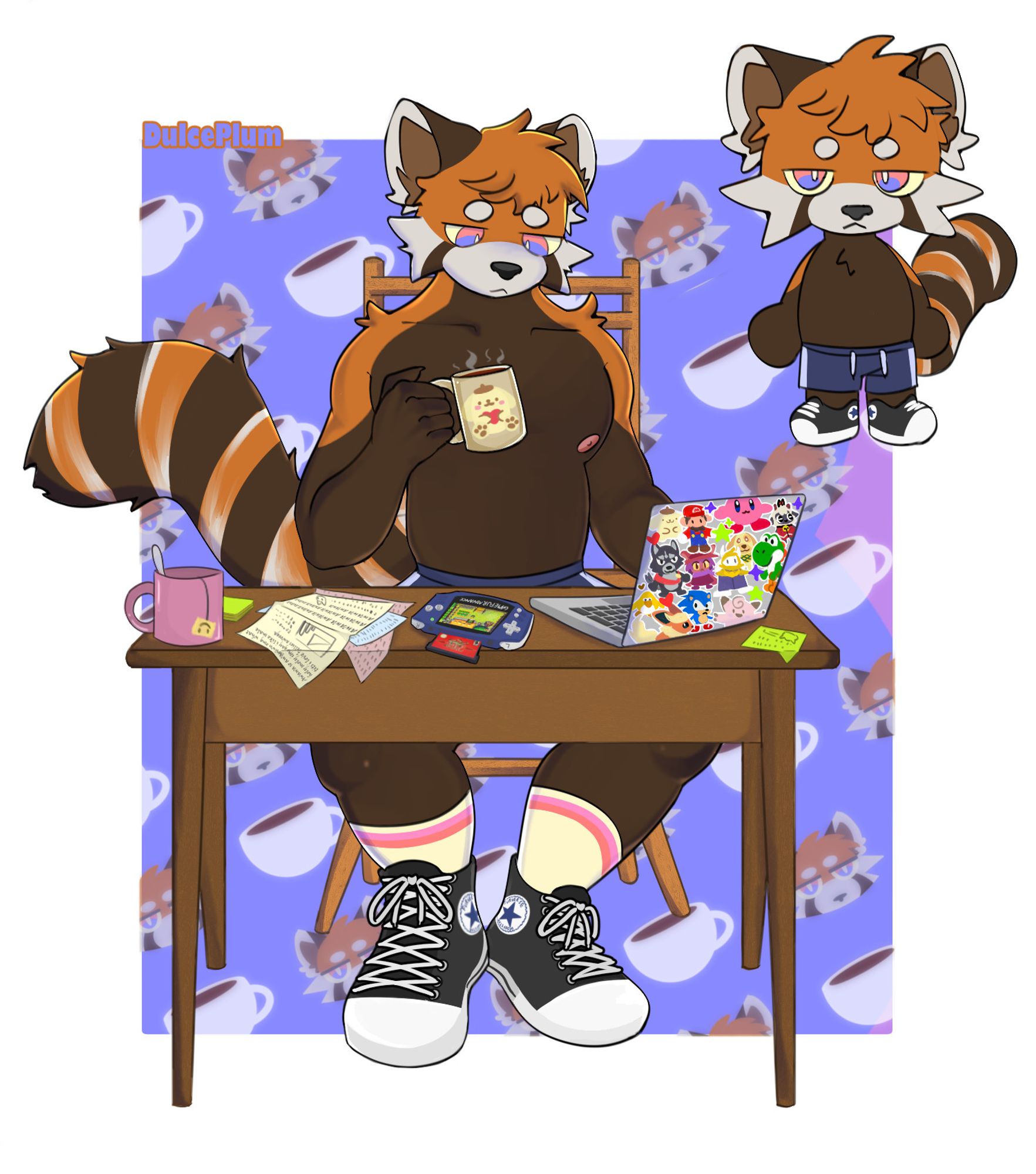 red panda drinking coffee sitting in front of a desk
the cup of coffe has a pompompurin drawing in it, there is a laptop full of stickers in the desk (Asgore, Niko, Mario, Yoshi, Kirby, Flareon, Clafairy, Goldie. Pompompurin and Lamb), there is also a gameboy advance with Zelda A minish cap on, some papers thrown in the desk, an empty cup of coffee and some sticky notes. Next to the red panda there's a tiny chibi version of him.