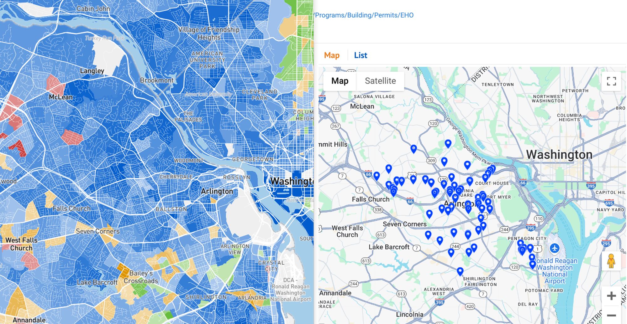 Map of Census tracts by race on left, showing majority-White areas in blue. Map of housing units permitted by Arlington County Expanded Housing options on right.