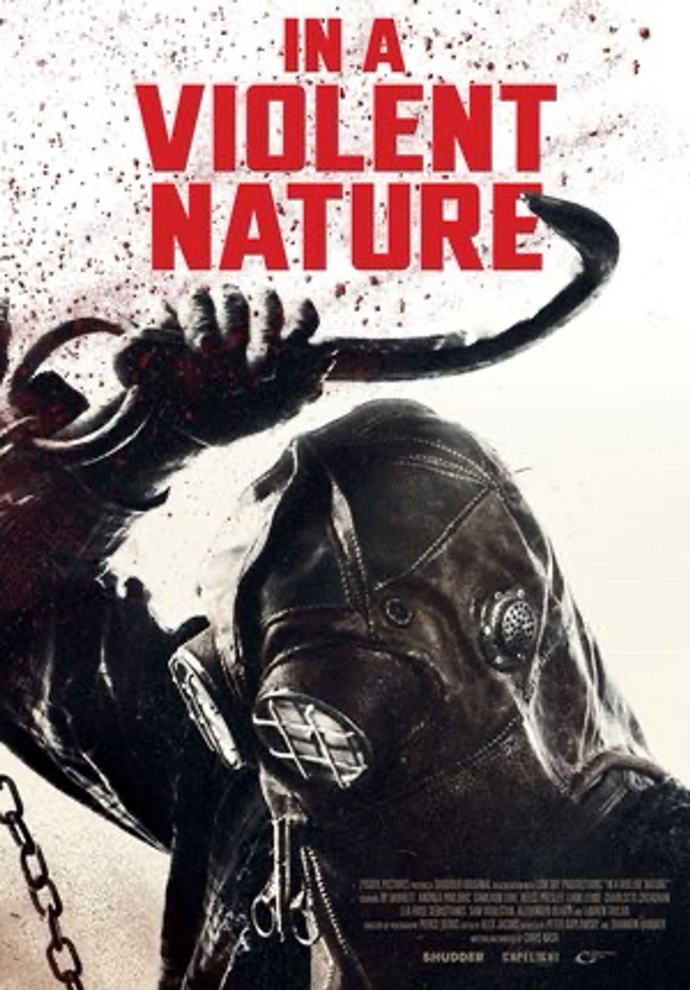 Poster for the film In a Violent Nature. The poster depicts a figure in a strange leather mask with googles holding up a hook on a chain.