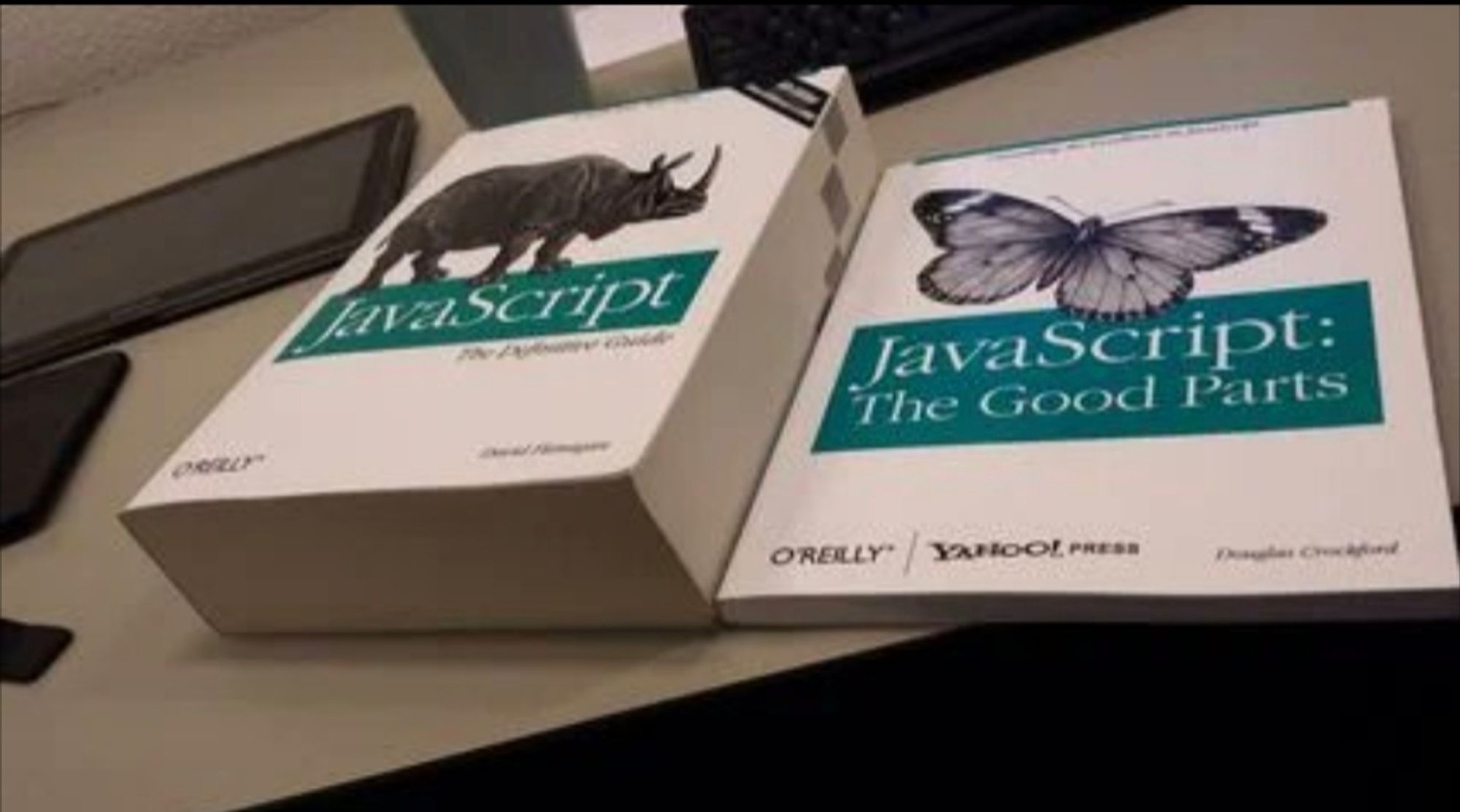 Shows two books. One says JavaScript. The other days JavaScript the good parts. The just JavaScript book is three times the size of the JavaScript the good parts book