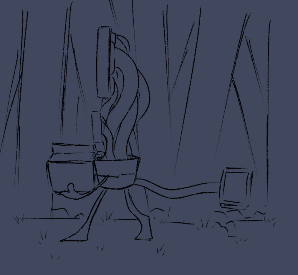 robot with a shattered screen, wires for a neck, a wire tail and smaller screen attached below the main head and end of tail; carrying a slightly opened box throughout the forest with trees in the background