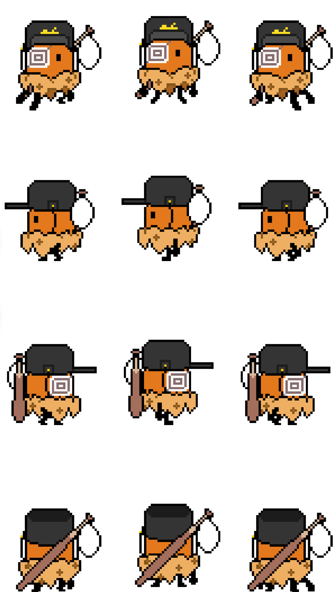 sprite sheet of a pool ball with a hat, pool cue, and torn cloth as an outfit