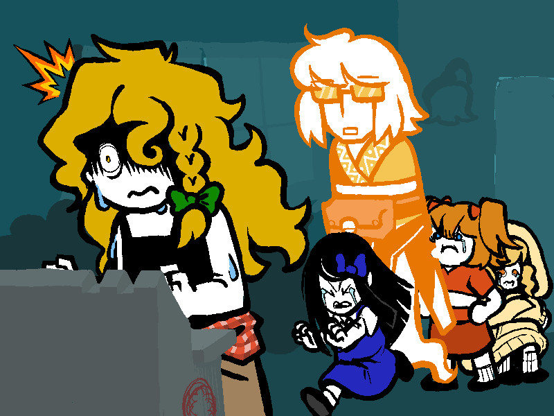 Marisa getting interrupted from using her Punch Designix by the arrival of Rinnosuke (as a sprite) and the three Fairies of Light. 
All three girls are crying, with Star Sapphire running towards Marisa, Sunny Milk puffing herself up behind Rinnosuke to look tough, and Luna Child sitting behind Sunny looking scared. 
Rinnosuke-sprite looks neutral as he announces his arrival. 
Marisa looks mortified and is sweating bullets at her newfound babysitting responsibilities.