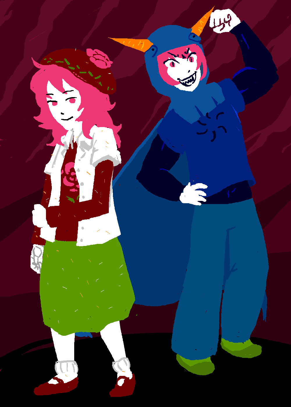 Two Kasens, one in a regular outfit and the other in a Knight of Void outfit.
The regular outfit stands on the left. She wears a floral mauve beret with green trim and a flower decoration atop it, which sits atop her long pink hair. She wears a long mauve shirt with a rose print upon it, a white short-sleeved button-up atop her longer shirt, a knee-length green skirt, and some puffy socks and simple mauve shoes. She is holding her right arm, a clear prosthetic, with her left hand.
On the right, is her god tier outfit. A various shades of dark and muted blue upon a rounded hood-cape, tee, undershirt, and long pants. Her shoes are green, though. Some notable things in comparison to her left variant is the troll-like horns protruding out of her head, the slit pupils, the visible pointed teeth, the notably muscular physique, and the flesh and blood right arm.