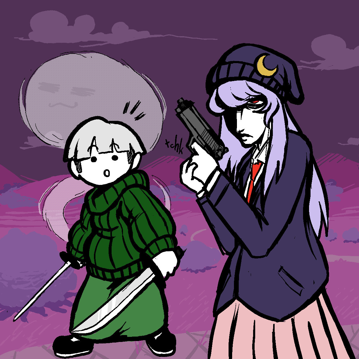 Youmu and Reisen stand in a purple hillside area, reminiscent of a SBURB land, but not of anything in particular. 
Reisen looks serious, and is proportioned and rendered rather realistically as she loads a Beretta handgun. Her face is partially obscured by shadow in a dramatic way, and she is wearing a beanie to cover her ears. Her attire is her dark overcoat, white undershirt, red tie, and long pale skirt.
Youmu, meanwhile is rendered rather cartoonishly and reacts to Reisen loading her gun with surprise and genuine interest. Youmu has her two swords already in both of her hands, and she's wearing a comically oversized green turtleneck sweater and a lighter green skirt. She has a bowl-cut and Myon is behind her, making a pleased face.